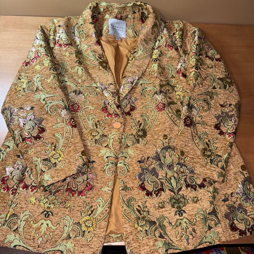 Susan Graver Floral Tapestry Brocade Blazer Gold Green 22W Plus Size Jacket